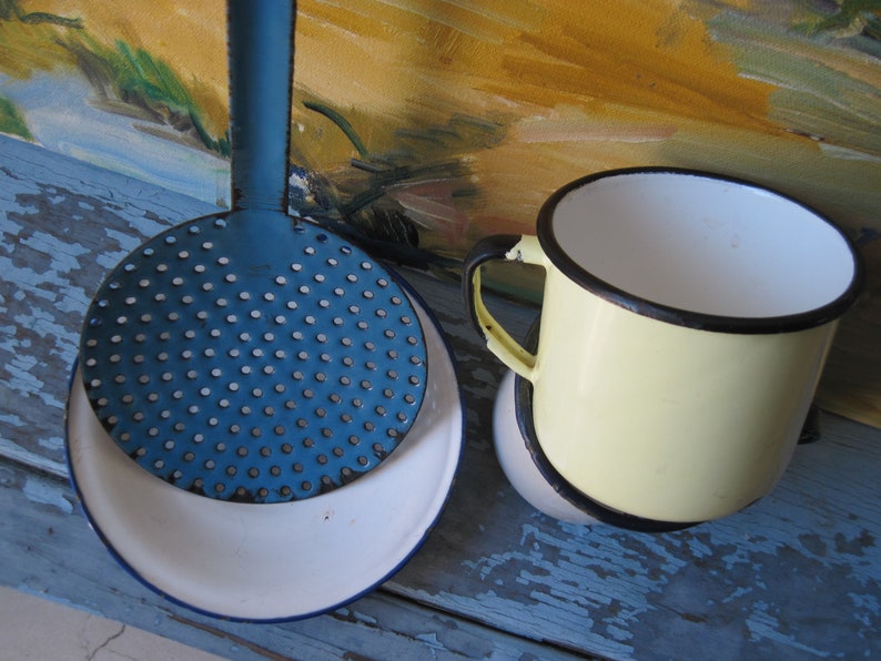 Vintage Collection of Enamelware Cups, Saucer and Strainer - Etsy
