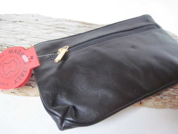 Vintage Black Leather Zipper Clutch Purse Italy - image 2