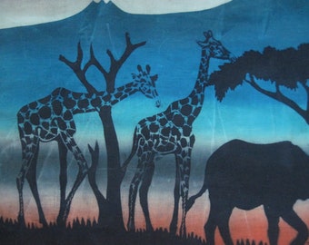 Vintage Batik African Animals Giraffe Rhinos Mt. Kilimanjaro