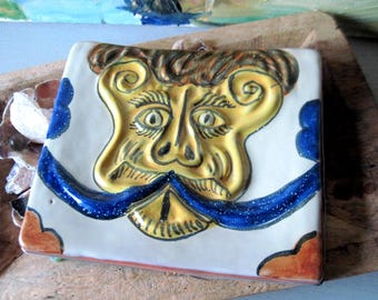 Vintage Terra Cotta Tile Wall Hanging With Folk Character Italy