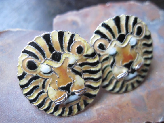 Vintage Enamel on Sterling Tiger Post Earrings - image 2