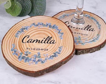 Rodaja de madera personalizada para bodas, posavasos con nombre y fecha personalizados, recuerdo rústico para bodas, recuerdo hecho a mano, regalo de agradecimiento para los invitados.