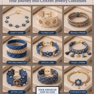 May include: A collection of nine crochet jewelry pieces including a dainty chain, filigree cuff, beaded strand, textured bangles, crystal link bracelet, tassel charm bracelet, gothic lace cuff, braided bracelet, and a star medallion bracelet.