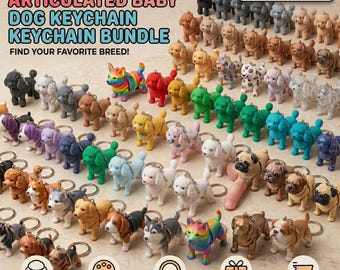 May include: A collection of 3D printed articulated dog keychains in various colors and breeds. The image features text stating THE ULTIMATE 150+ ARTICULATED BABY DOG KEYCHAIN BUNDLE, FIND YOUR FAVORITE BREED, STL FILES, PRINT-IN-PLACE, and NO SUPPORTS.