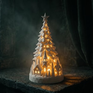 May include: A white ceramic Christmas tree figurine featuring a star topper, cut-out snowflake patterns, and a base decorated with miniature houses and pine trees. The interior is illuminated with a warm yellow light, casting a glow through the openings.