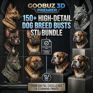 Puede incluir: Imagen promocional de un paquete STL 3D con más de 150 bustos de razas de perros de alta calidad. La imagen muestra varios diseños de bustos de perros, incluyendo un pastor alemán, un bulldog y un lobo. El texto incluye "GOOBUZ 3D PREMIER" y "STL BUNDLE".