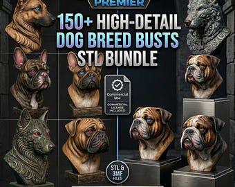 May include: A promotional image for a 3D STL bundle featuring over 150 high-detail dog breed busts. The image showcases various dog bust designs, including a German Shepherd, Bulldog, and Wolf. The text includes "GOOBUZ 3D PREMIER" and "STL BUNDLE".