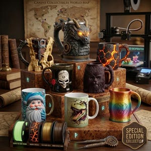 Pode incluir: Uma coleção de canecas de novidade com vários designs, incluindo um dragão, uma caveira, o Pai Natal, um dinossauro e uma personagem semelhante a Chewbacca. As canecas são exibidas em blocos de madeira com um mapa-múndi ao fundo.