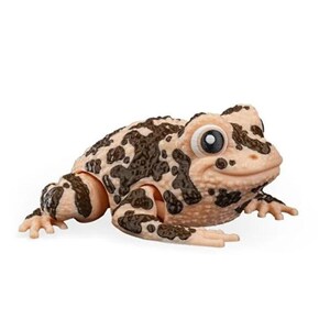 Könnte beinhalten: Detaillierte, gefleckte Froschfigur in Beige- und Brauntönen. Der Spielzeugfrosch hat große, ausdrucksstarke Augen und sitzt in einer geduckten Position. Die Haut des Frosches hat ein strukturiertes Aussehen und seine Gliedmaßen sind beweglich.