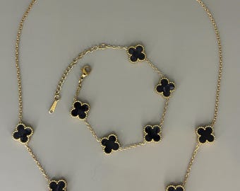 Ensemble de bijoux trèfle à 4 feuilles (bracelet + collier ) porte bonheur Clover en acier inoxydable plaqué or