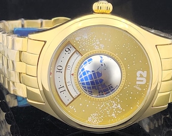 Reloj automático vintage U2 de acero inoxidable dorado: esfera Art Deco con forma de globo terráqueo, reloj analógico para hombre.