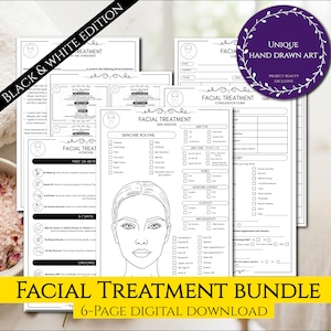 Op de afbeelding: Zwart-wit digitale download van een facial treatment bundle. De bundel bevat formulieren voor huidverzorgingsroutine, huidanalyse en nazorginstructies. De tekst "Facial Treatment Bundle" en "6-Page Digital Download" zijn zichtbaar.
