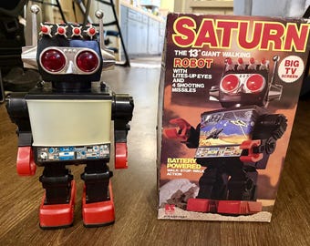 WORKING Vintage 1980s KAMCO Saturn Robot -- Light Up Eyes, TV & Walking Toy