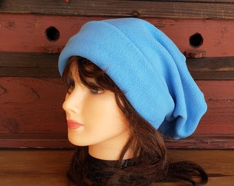 Slouchy Beanie, Winter Hat, Blue Fleece Slouchy Beanie, Blue Beanie, Fleece Brim Hat, Slouchy Hat
