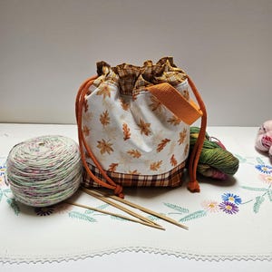 Fall Leaves Knitting Project Bag - Small Drawstring Sock Tote - Gift For Knitter