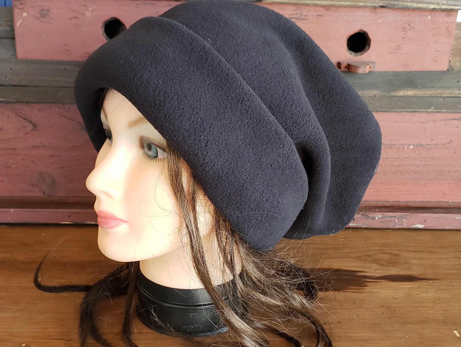 Slouchy Beanie Winter Hat Black Fleece 