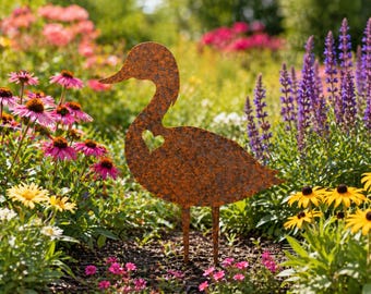 Estaca de jardín con forma de pato de acero Corten – Arte rústico para el jardín – Escultura para exteriores y decoración de estanques