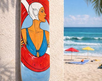 Hand Painted Skateboard Art | Retro Beach Woman Deck | Pop Art Wall Decor | Coastal Art | Unique Gift | Deedz Studio