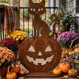 Halloween Cat on Pumpkin Yard Art - Rusty Black Cat Jack-O-Lantern Garden Statue - Fall Metal Sculpture on Base - Outdoor Halloween Decor 15