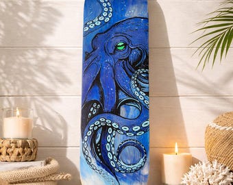 Tabla de skate con diseño de pulpo pintado a mano / Arte mural oceánico, decoración náutica