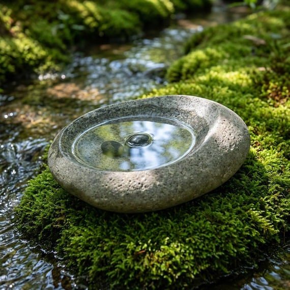 Zen Style Stone Bird Bath - Handcrafted Natural Stone Water Bowl for Birds