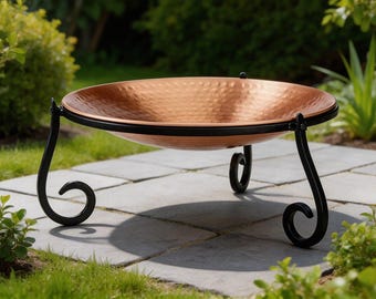Copper Bird Bath with Metal Stand – Outdoor Garden Water Basin for Birds