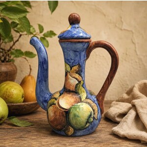 May include: A ceramic teapot featuring a hand-painted blue background with a vibrant fruit motif. The design includes illustrations of green and orange fruits with brown leaves. It has a tall, slender neck, a curved spout, and a brown handle.