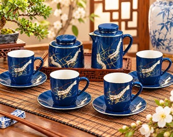Chinese Porcelain Demitasse Coffee Set | Qi Baishi Style Shrimp Design | Cobalt Blue & Gold, 12 Pieces
