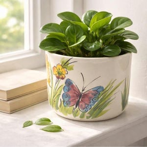 Vintage Hand Painted Brazil Ceramic Planter Pot 4 Inch Butterfly Floral