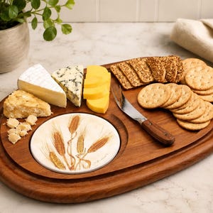 Vintage Teak Serving Tray with Ceramic Wheat Tile – 17" Charcuterie Cheese Board