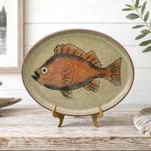 Hand Painted Stoneware Fish Platter 10.5" Rustic Coastal Lakehouse Decor Oval Serving Dish