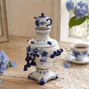 May include: A white ceramic samovar featuring blue floral patterns and a matching miniature teapot on top. The samovar has a dark blue spigot, side handles, and a square base. A matching teacup and saucer with blue floral designs sit nearby.
