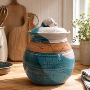 Vintage Signed Studio Pottery Lidded Jar Teal Blue Cream Stoneware Handmade Cottage Decor