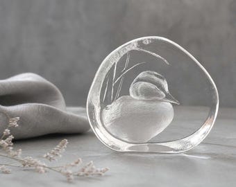Swedish Art Glass Paperweight Engraved Duck Crystal Sculpture Signed 3.5”