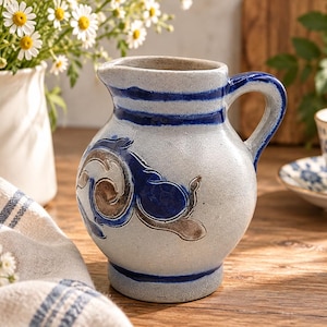 May include: A light gray ceramic pitcher featuring a rounded body, a single handle, and a pouring spout. The exterior is decorated with horizontal blue bands at the top and bottom, and a central embossed scroll pattern in blue and brown tones.