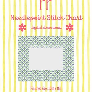 May include: A needlepoint stitch chart digital download featuring a yellow and white vertical striped background. The text reads ff Needlepoint Stitch Chart digital download. A blue and green tulip pattern border surrounds a blank white center area.