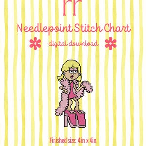 May include: A digital download needlepoint stitch chart featuring a pixelated cartoon character in a pink dress and shoes, with a pink boa. The chart is 4in x 4in and 18 mesh. The background is yellow with vertical stripes, and the text reads "Needlepoint Stitch Chart".