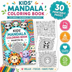 May include: A Kids' Mandala Coloring Book by Martin El featuring 30 printable pages with cute animals and mandalas. The cover displays colorful illustrations of a panda, lion, and elephant. Includes PDF, instant download, and print options.