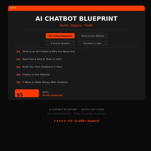 Può includere: Una guida PDF digitale intitolata "AI CHATBOT BLUEPRINT" con un design arancione e nero. La guida promette di aiutare gli utenti a costruire, implementare e trarre profitto dai chatbot AI. Evidenzia caratteristiche chiave come "Nessuna codifica richiesta".