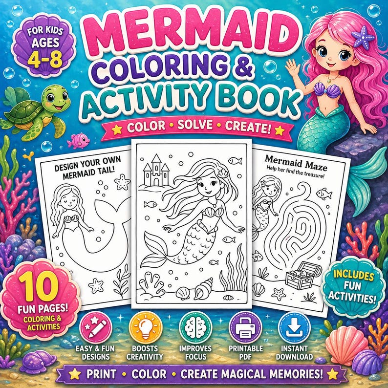Mermaid Coloring Activity Book for Kids Ages 4-8, Mazes, Puzzles ...