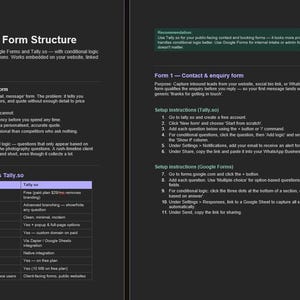 Op de afbeelding: Een donkergrijs document met tekst over contact- en boekingsformulierstructuren. Het vergelijkt Google Forms en Tally.so, met installatie-instructies. De tekst bevat koppen en opsommingstekens.