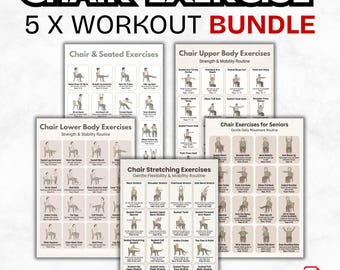 Chair Exercise Bundle Printable, 5 Workout Posters PDF,Senior Fitness Set, Seated Full Body Routine,Mobility & Stretching Chart A4 US Letter