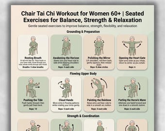 Póster imprimible de ejercicios de Tai Chi en silla para mujeres mayores de 60 años / Tabla de ejercicios sentados para equilibrio, fuerza y relajación / PDF de arte mural para el fitness de la tercera edad