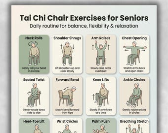 Esercizi di Tai Chi da seduti per anziani (stampabili), poster per allenamenti da seduti, tabella di esercizi per la routine quotidiana, guida al fitness per anziani, download digitale.
