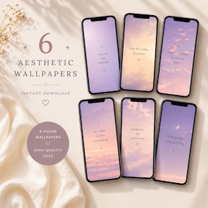May include: Six aesthetic phone wallpapers with inspirational quotes and a pastel sky background. The text includes phrases like "you're not behind" and "keep going, keep growing". The image also includes the text "Instant Download".