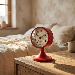 May include: A red quartz analog clock with a round face and a clear glass cover. The clock has black hands and white numbers. It sits on a red pedestal base on a wooden surface. The clock is a decorative item.