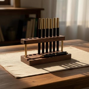 May include: A wooden pen holder with a dark brown finish, holding several black pens with gold-colored tops. One pen rests horizontally in the front. The holder has a two-tiered design with brass-colored supports, sitting on a beige placemat.