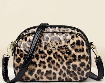 Leopard Print Saddle Bag | Shiny PU Leather Mini Messenger Purse for Women