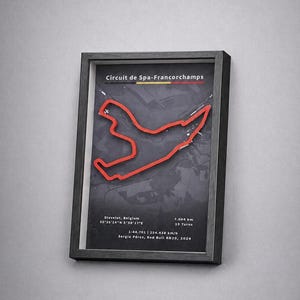 Arte de parede 3D da Fórmula 1 "Spa-Francorchamps" - Pôster da pista de F1 em formato de moldura - Decoração de automobilismo - Presente para homens e fãs de corrida - Mapa da pista de corrida