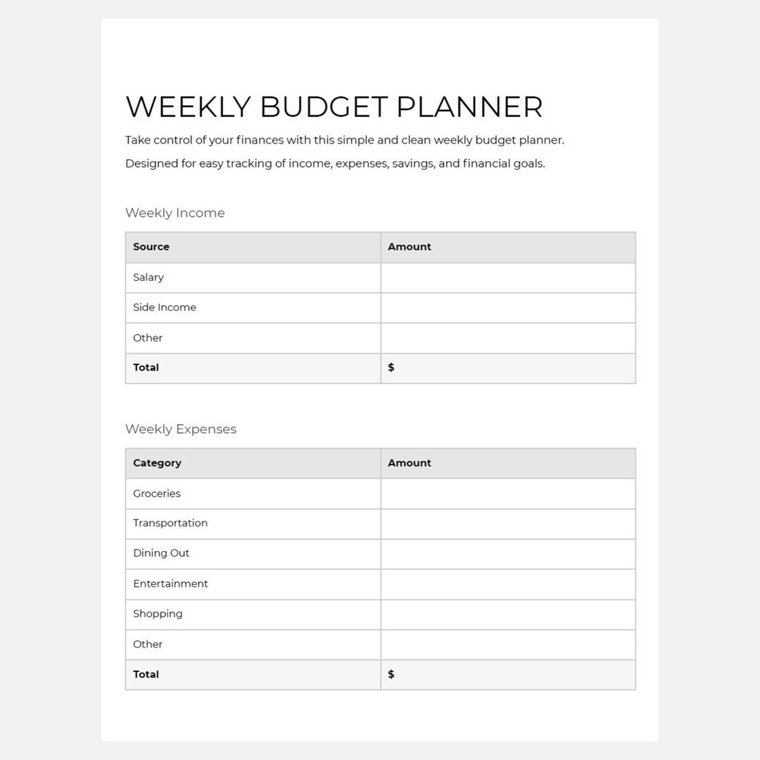 Weekly Budget Planner Printable PDF | Simple Expense Tracker ...